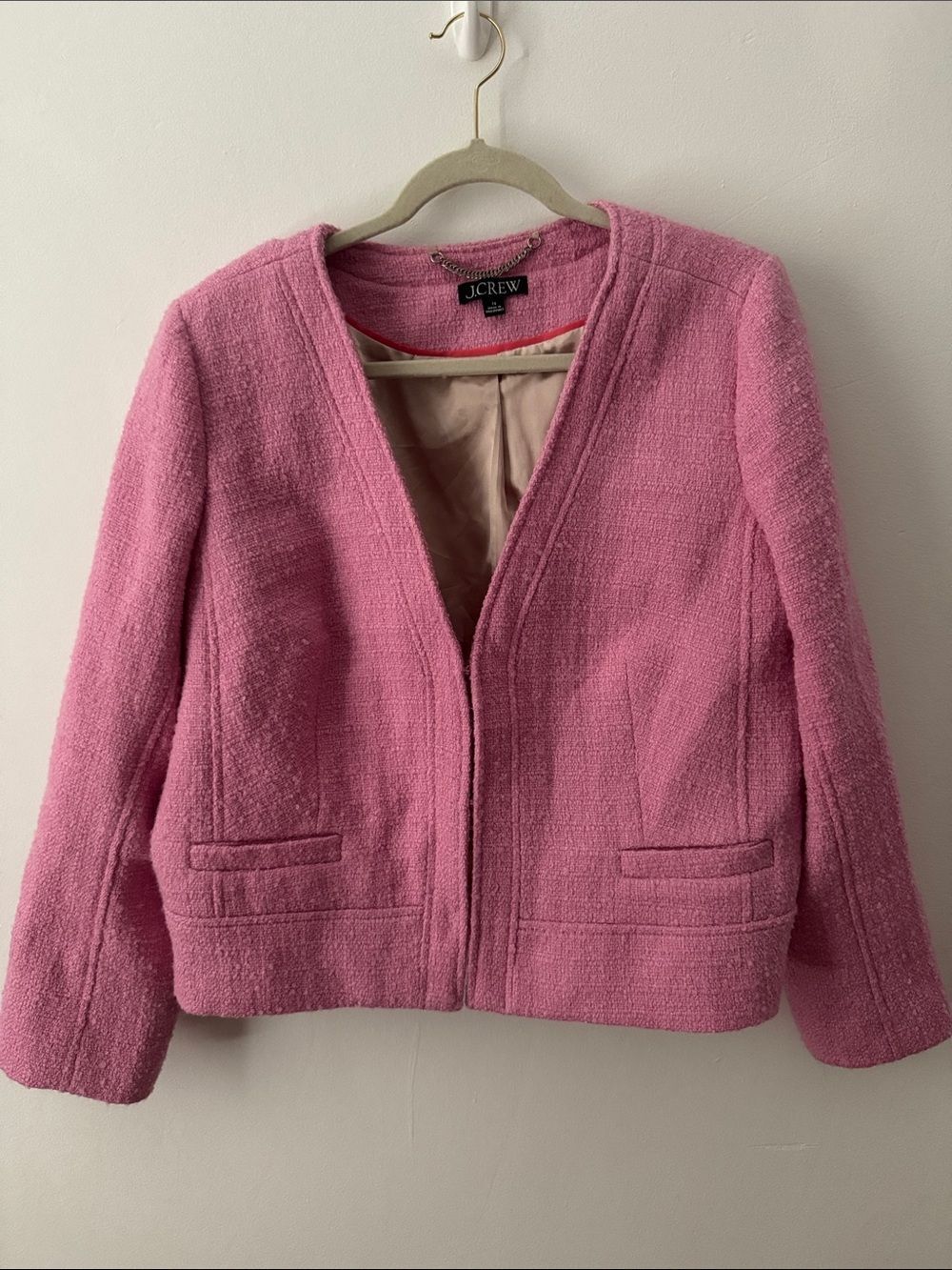 J. Crew Pink Bouclé Collarless Blazer